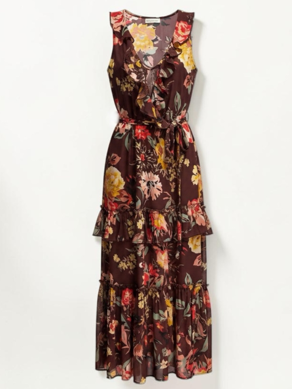 Love Like Summer Brown Floral Wrap Maxi Dress Ruffle - Size S
